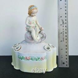 Antique Germany Porcelain Art Deco Flower Frog Vase Girl on Snail 1935 Signed