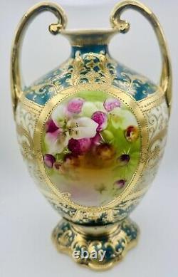 Antique Hand Painted Nippon Gold Moriage Floral Double Handled Footed Vase