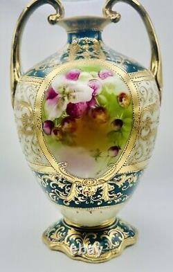 Antique Hand Painted Nippon Gold Moriage Floral Double Handled Footed Vase