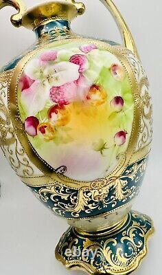 Antique Hand Painted Nippon Gold Moriage Floral Double Handled Footed Vase