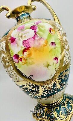 Antique Hand Painted Nippon Gold Moriage Floral Double Handled Footed Vase