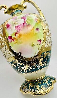 Antique Hand Painted Nippon Gold Moriage Floral Double Handled Footed Vase