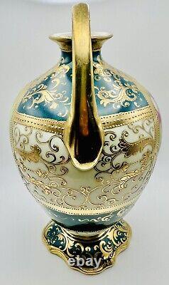 Antique Hand Painted Nippon Gold Moriage Floral Double Handled Footed Vase