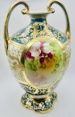 Antique Hand Painted Nippon Gold Moriage Floral Double Handled Footed Vase