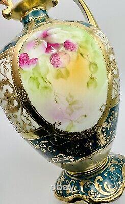 Antique Hand Painted Nippon Gold Moriage Floral Double Handled Footed Vase