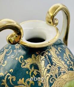 Antique Hand Painted Nippon Gold Moriage Floral Double Handled Footed Vase