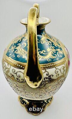 Antique Hand Painted Nippon Gold Moriage Floral Double Handled Footed Vase