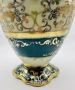 Antique Hand Painted Nippon Gold Moriage Floral Double Handled Footed Vase