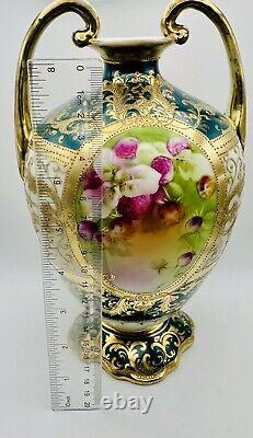 Antique Hand Painted Nippon Gold Moriage Floral Double Handled Footed Vase