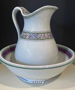 Antique Henry Alcock Porcelain Wash Basin & Pitcher Green Purple Art Deco Acorn