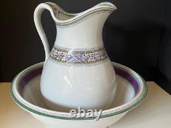 Antique Henry Alcock Porcelain Wash Basin & Pitcher Green Purple Art Deco Acorn
