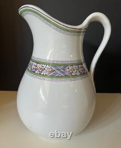 Antique Henry Alcock Porcelain Wash Basin & Pitcher Green Purple Art Deco Acorn