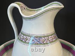 Antique Henry Alcock Porcelain Wash Basin & Pitcher Green Purple Art Deco Acorn