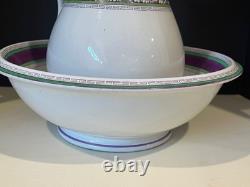 Antique Henry Alcock Porcelain Wash Basin & Pitcher Green Purple Art Deco Acorn