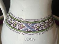 Antique Henry Alcock Porcelain Wash Basin & Pitcher Green Purple Art Deco Acorn