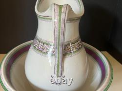 Antique Henry Alcock Porcelain Wash Basin & Pitcher Green Purple Art Deco Acorn
