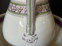 Antique Henry Alcock Porcelain Wash Basin & Pitcher Green Purple Art Deco Acorn