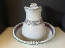Antique Henry Alcock Porcelain Wash Basin & Pitcher Green Purple Art Deco Acorn