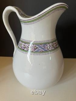 Antique Henry Alcock Porcelain Wash Basin & Pitcher Green Purple Art Deco Acorn