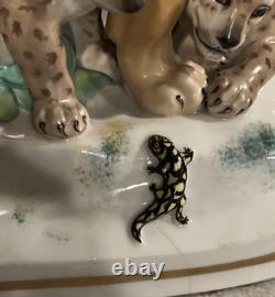 Antique Hertwig katzhutte germany porcelain figurine Lion with Cubs Large Rare
