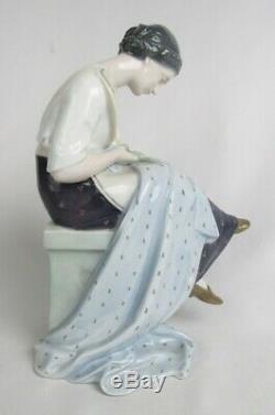 Antique Heubach Germany Porcelain Lady Sewing Cutting Fabric Seamstress Figurine