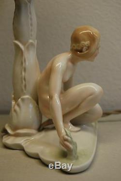 Antique Karlens Dresden Porcelain Art Deco Nouveau Erotic Naked Girl Woman Lamp