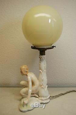 Antique Karlens Dresden Porcelain Art Deco Nouveau Erotic Naked Girl Woman Lamp