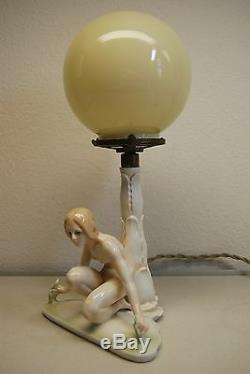 Antique Karlens Dresden Porcelain Art Deco Nouveau Erotic Naked Girl Woman Lamp