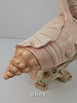 Antique Maiden Nymph on Conch Shell Czech Art Nouveau Centerpiece Damage