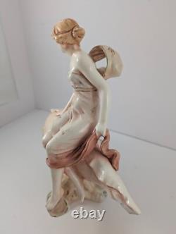Antique Maiden Nymph on Conch Shell Czech Art Nouveau Centerpiece Damage