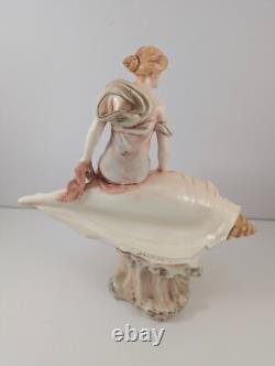 Antique Maiden Nymph on Conch Shell Czech Art Nouveau Centerpiece Damage
