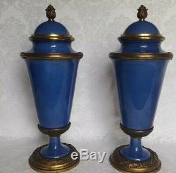 Antique Mp Sevres Paul Millet French Bronze And Blue Porcelain Covered Urns