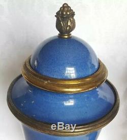 Antique Mp Sevres Paul Millet French Bronze And Blue Porcelain Covered Urns