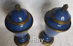 Antique Mp Sevres Paul Millet French Bronze And Blue Porcelain Covered Urns