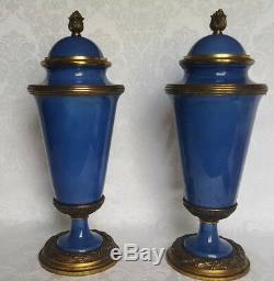 Antique Mp Sevres Paul Millet French Bronze And Blue Porcelain Covered Urns