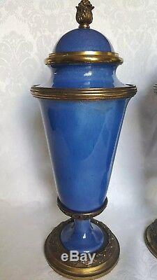 Antique Mp Sevres Paul Millet French Bronze And Blue Porcelain Covered Urns