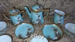 Antique Nippon Flying Gold Geese Hand Painted Jeweled Porcelain Tea Set 9 Pieces