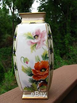 Antique Nippon Vase Art Deco Hand Painted Poppies Flowers Marked 8 Tall Japan
