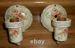 Antique Pair Porcelain Ceramic Sconces Lights, Garden Flowers, Gold Trim Work