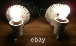 Antique Pair Porcelain Ceramic Sconces Lights, Garden Flowers, Gold Trim Work