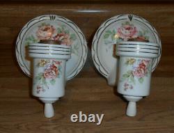 Antique Pair Porcelain Ceramic Sconces Lights, Garden Flowers, Gold Trim Work