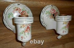 Antique Pair Porcelain Ceramic Sconces Lights, Garden Flowers, Gold Trim Work