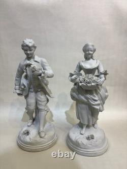 Antique Pair of Biscuits Sculptures Art Deco Porcelain Figures Signed In TheBack