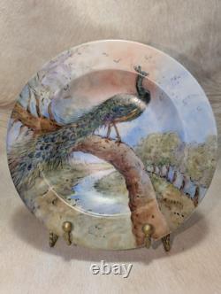 Antique Peacock Porcelain Plate Art Deco 1935, 8 1/2 In