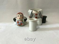 Antique Pierrot Art Deco Porcelain Colombine Inkwell-France-3 Piece Set-Stunning