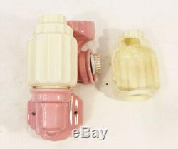 Antique Pink Porcelain Wall Sconce Pair Art Deco w Skyscraper Slip Shade Glass