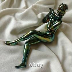 Antique Porcelain Art Deco Nude Lady Flute Music Eosin Green Gold Zsolnay Figure