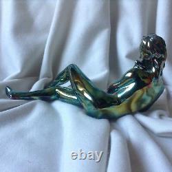 Antique Porcelain Art Deco Nude Lady Flute Music Eosin Green Gold Zsolnay Figure