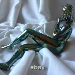 Antique Porcelain Art Deco Nude Lady Flute Music Eosin Green Gold Zsolnay Figure