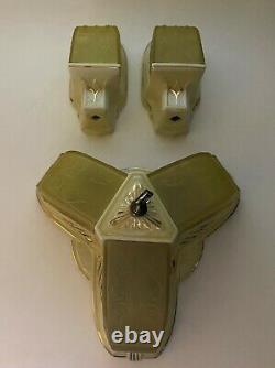 Antique Porcelain Art Deco Slip Shade Ceiling Light Fixture Sconces Green Glass